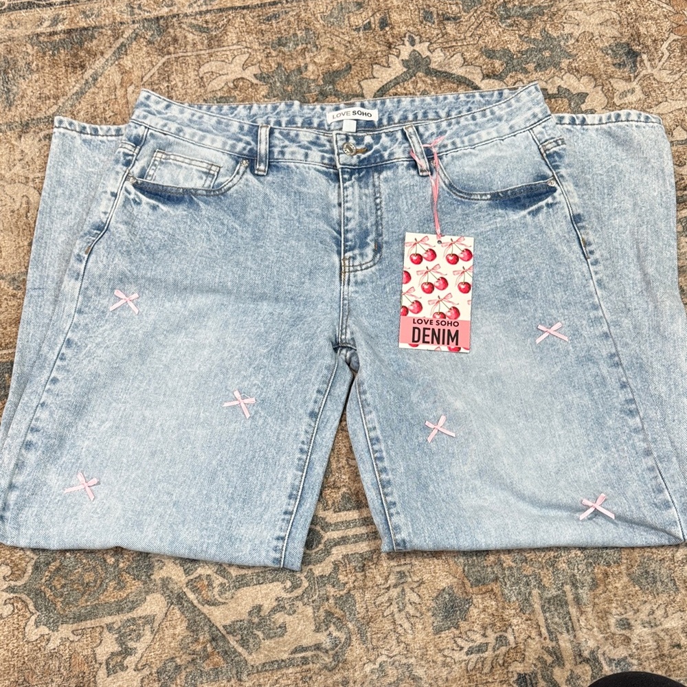 Light Blue Straight Leg Jeans with Pink Details